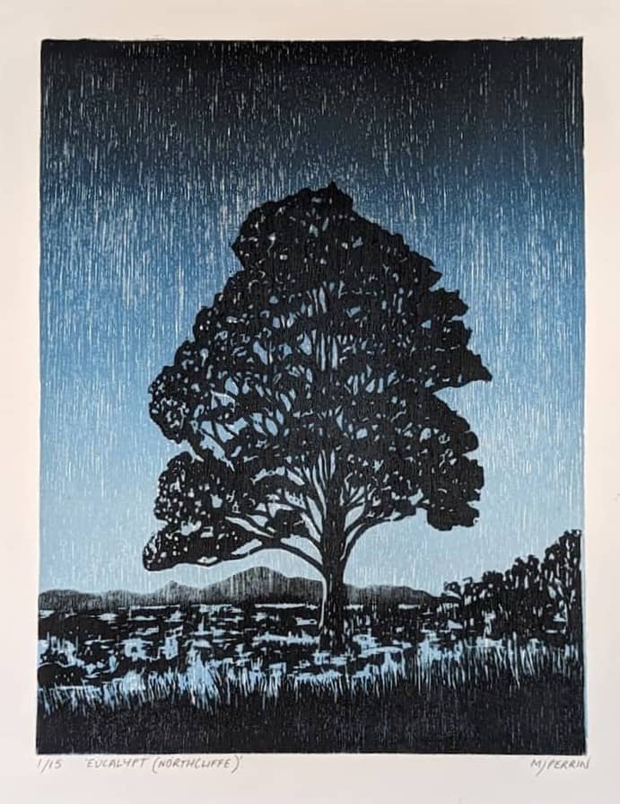 Eucalypt (Northcliffe), 2023. 25cm x 30cm<br> Woodblock Print. <br>Printed on Awagami Shiramine fine art paper. Available to <a href= 'https://mattperrinprintmaker.etsy.com/au/listing/1567397326/woodblock-print-limited-edition-of-15' target='_blank'>Purchase</a