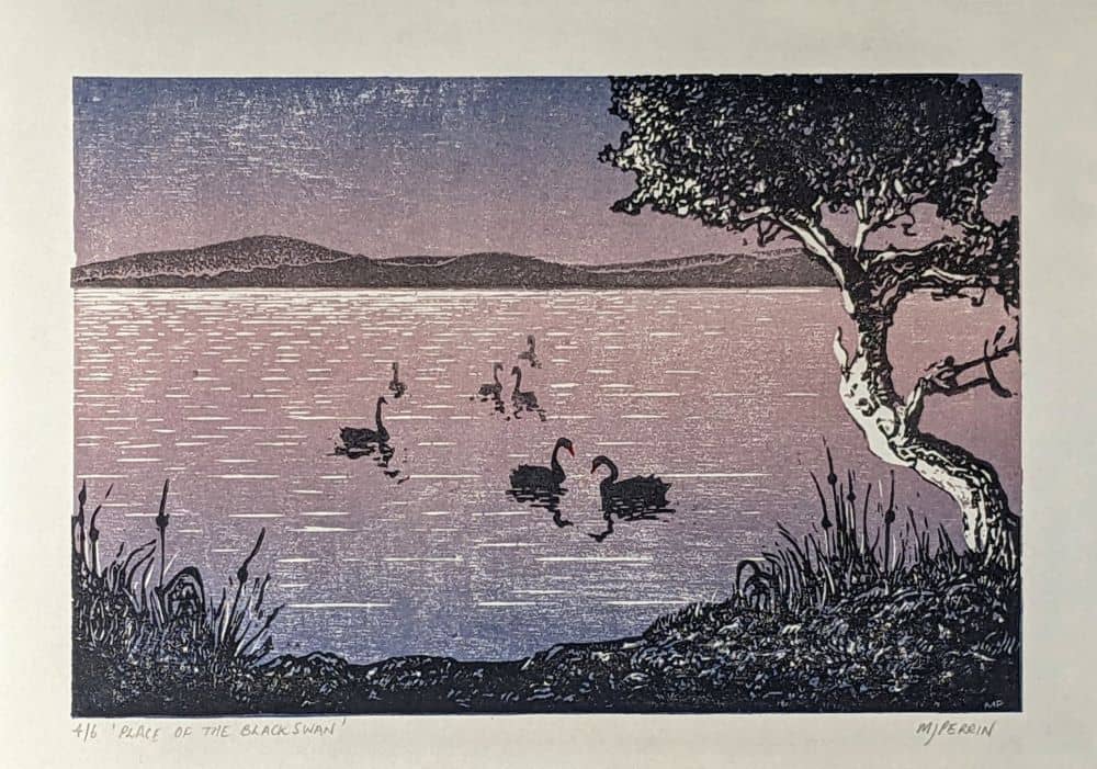 Place of the Black Swan, 2021. 17cm x 25cm<br> Woodblock Print. <br>Printed on Awagami Shiramine fine art paper. Available to <a href='https://www.etsy.com/au/MattPerrinPrintmaker/listing/1320001128/handcrafted-woodblock-print-place-of-the?utm_source=Copy&utm_medium=ListingManager&utm_campaign=Share&utm_term=so.lmsm&share_time=1666873724209' target='_blank'>Purchase</a