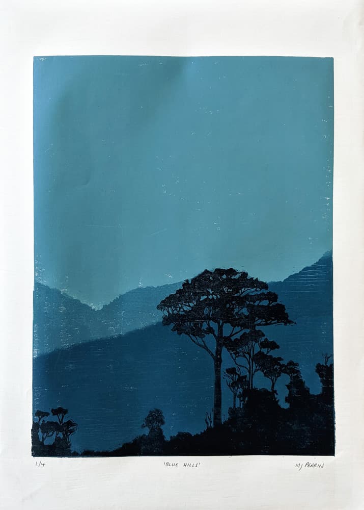 Blue Hills. 30cm x 40cm. Edition of 4 Linocut prints on Awagami Bamboo Fine Art Paper.