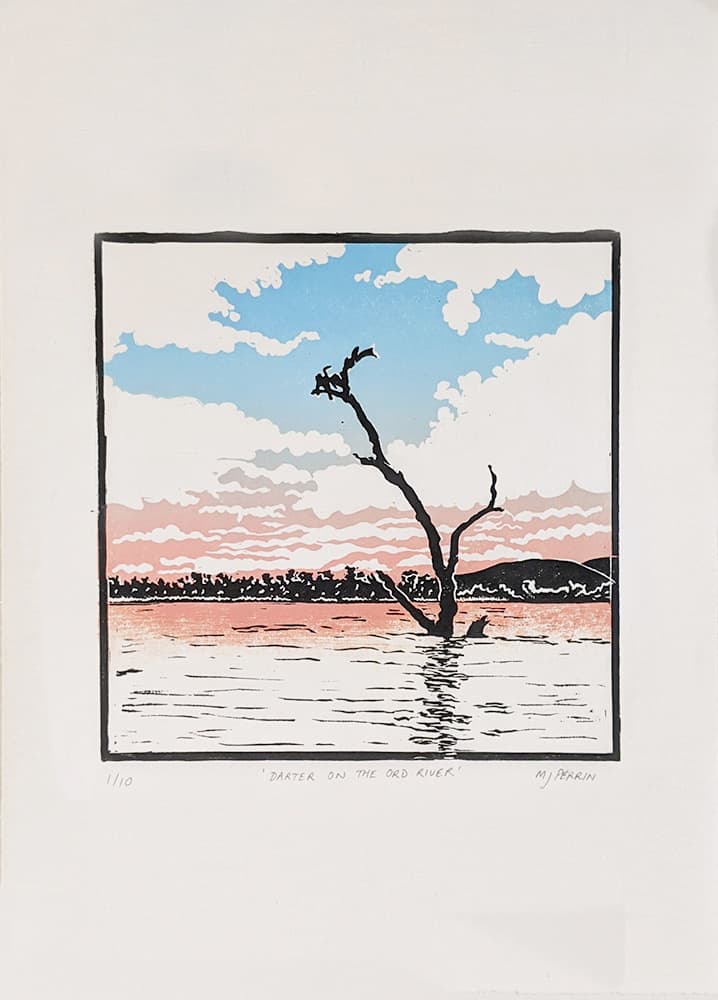 Darter on the Ord River. 2018. Linocut Print. 20.5cm x 20.5cm. Edition of 10.