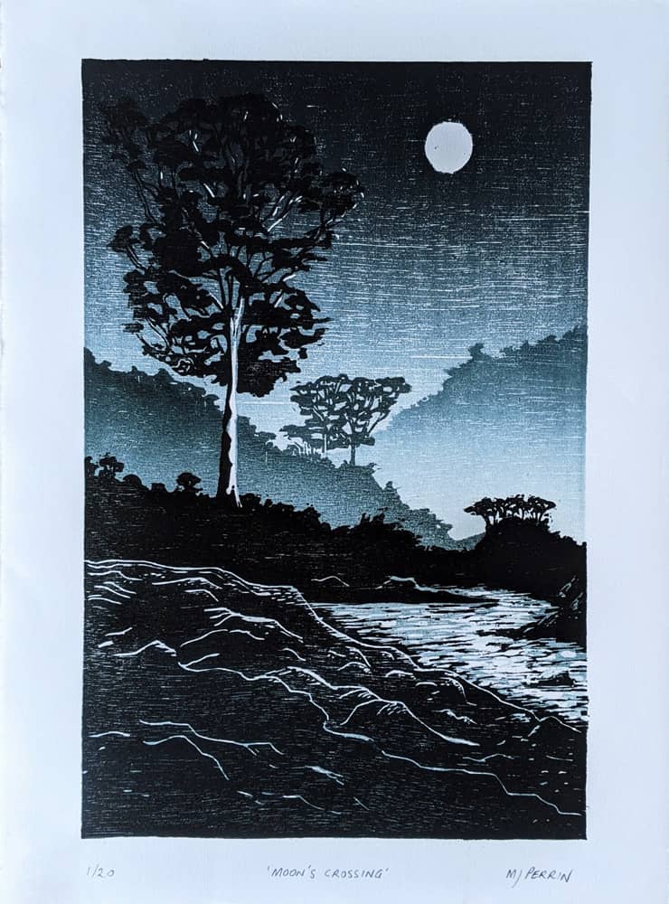 Moons Crossing, 2020, Woodcut, 21x31cm. Limited Edition of 20 prints. <br>Printed on Awagami Bamboo Fine Art Washi paper. <br> Available to<a href='https://www.etsy.com/au/mjperrinPrints/listing/901067817/original-limited-edition-woodblock-print?utm_source=Copy&utm_medium=ListingManager&utm_campaign=Share&utm_term=so.lmsm&share_time=1605945824544' target='_blank'> Purchase</a