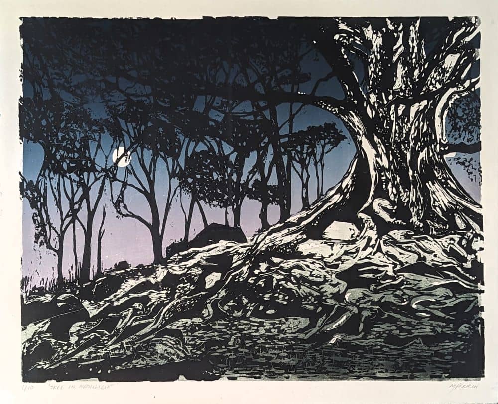 'Tree in Moonlight', 2023. 48cm x 38cm (Paper: 53 x 42cm) <br> Woodblock Print. Limited Edition of 10 prints. <br>Printed on Awagami Shiramine Select paper. Available to <a href='https://mattperrinprintmaker.etsy.com/au/listing/1617651708/tree-in-moonlight-limited-edition' target='_blank'>Purchase</a