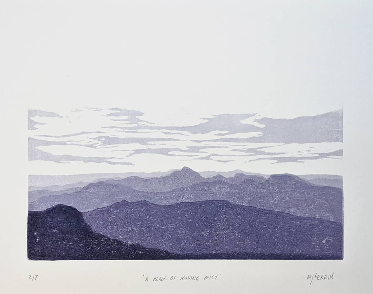 A Place of Moving Mist. 2020. 20 x 34cm <br> Woodblock Print. <br>Printed on Awagami Bamboo Fine Art Washi paper. Available to<a href='https://etsy.me/36zQVnO' target='_blank'> Purchase</a