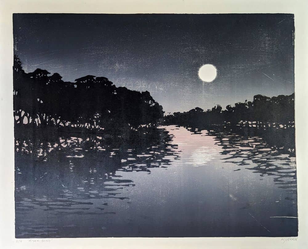 'River Bend', 2023. 48cm x 38cm (Paper: 53 x 42cm) <br> Woodblock Print. Limited Edition of 4 prints. <br>Printed on Awagami Shiramine Select paper. Available to <a href='https://mattperrinprintmaker.etsy.com/au/listing/1606457420/river-bend-limited-edition-woodblock' target='_blank'>Purchase</a