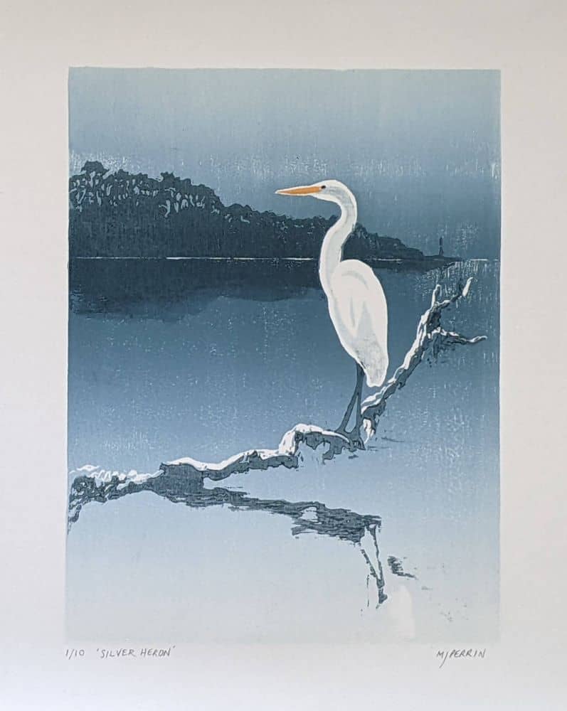 Silver Heron, 2022. 19cm x 25cm<br> Woodblock Print. <br>Printed on Awagami Bamboo fine art paper. Available to <a href= 'https://www.etsy.com/au/MattPerrinPrintmaker/listing/1292465598/handcrafted-woodblock-print-silver-heron?utm_source=Copy&utm_medium=ListingManager&utm_campaign=Share&utm_term=so.lmsm&share_time=1666172040900' target='_blank'>Purchase</a