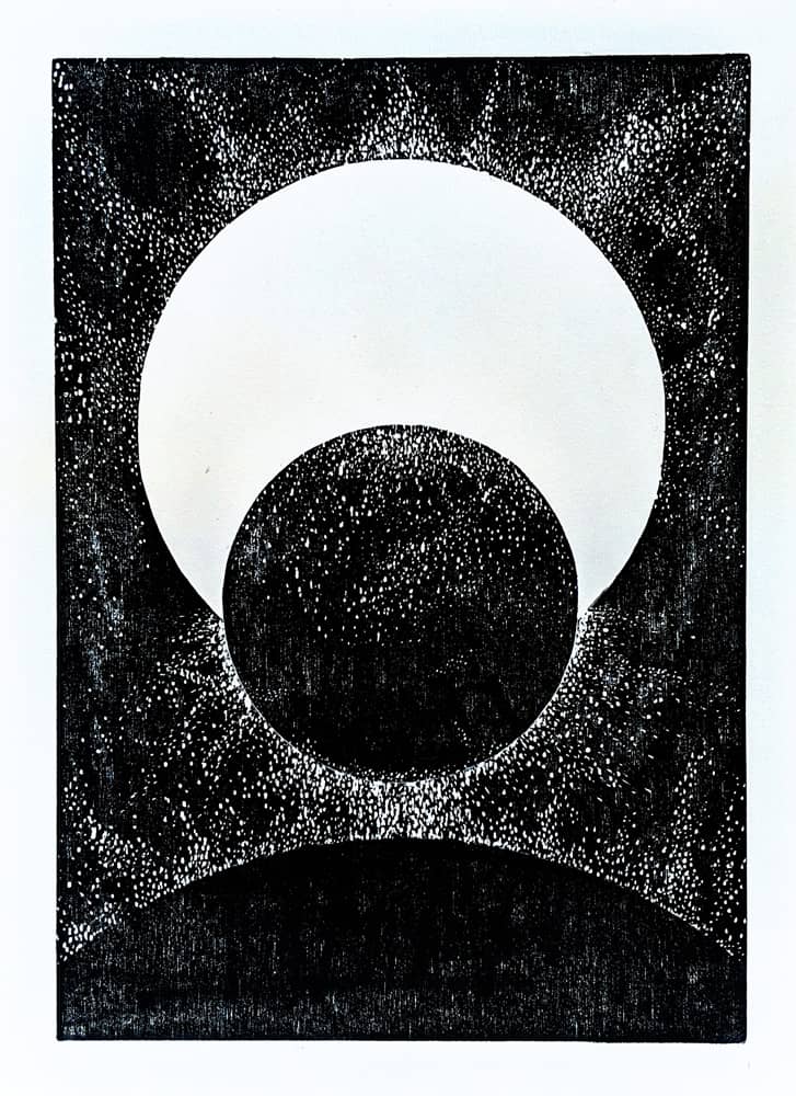 Solar 1. 2020. 24 x 34cm <br> Woodblock Print. <br>Printed on Awagami Bamboo Fine Art Washi paper. Available to<a href='https://etsy.me/36zQVnO' target='_blank'> Purchase</a