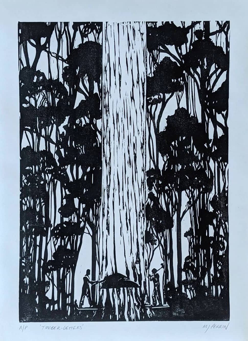 Timber Getters, 2021. 30cm x 40cm (12in x 16in)<br> Woodblock Print. <br>Printed on Awagami Shiramine fine art paper
