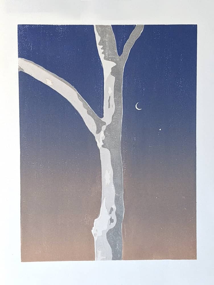 Tree with view of Moon & Venus, Woodcut (4 layer reduction). 30cm x 22.5cm. Edition of 4. 2020. <br>Printed on Awagami Bamboo Fine Art Washi paper. Available to<a href='https://etsy.me/36zQVnO' target='_blank'> Purchase</a