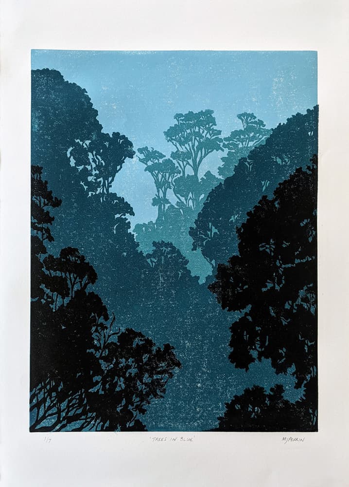 Trees in Blue 2019. 30cm x 40cm (12in x 16in)<br> Edition of 7 reduction linocut prints. <br>Printed on Awagami Bamboo fine art paper